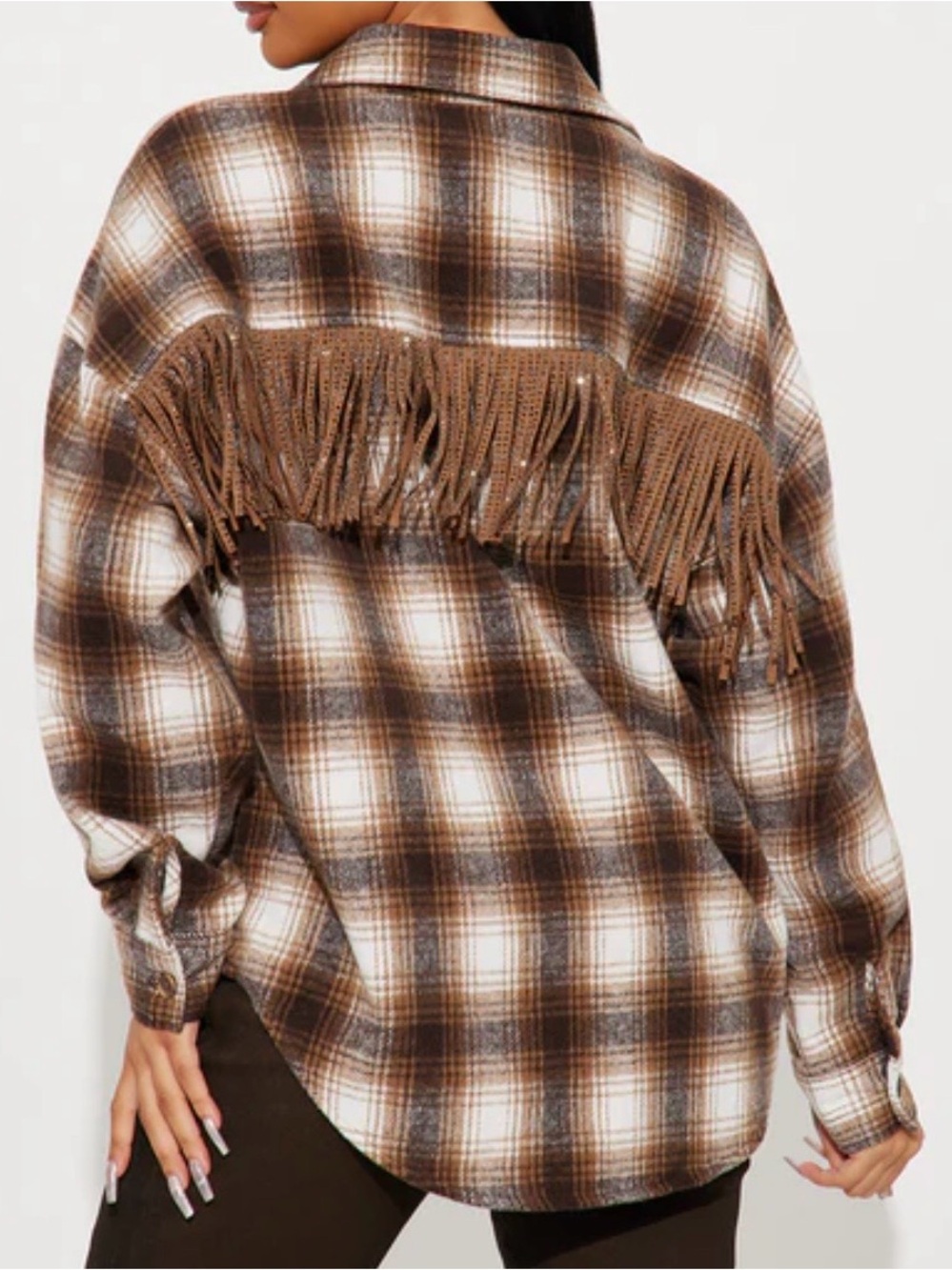 Blue b Brown and Cream Plaid Fringe Shirt Jacket